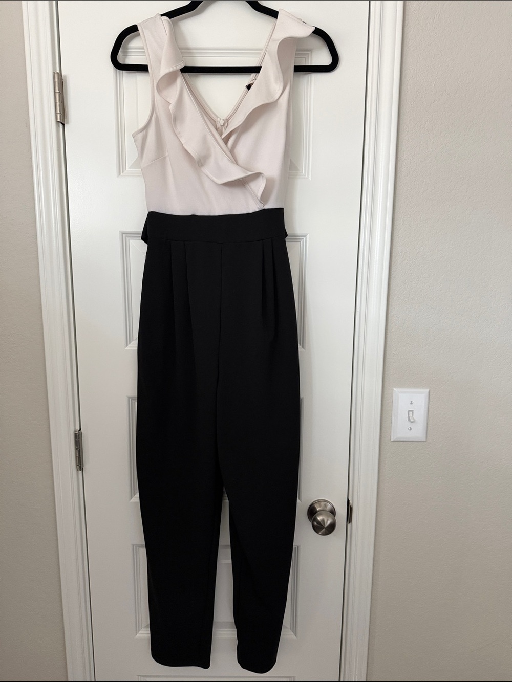 Ruffled V-Neck Two-Tone Jumpsuit - Black & White